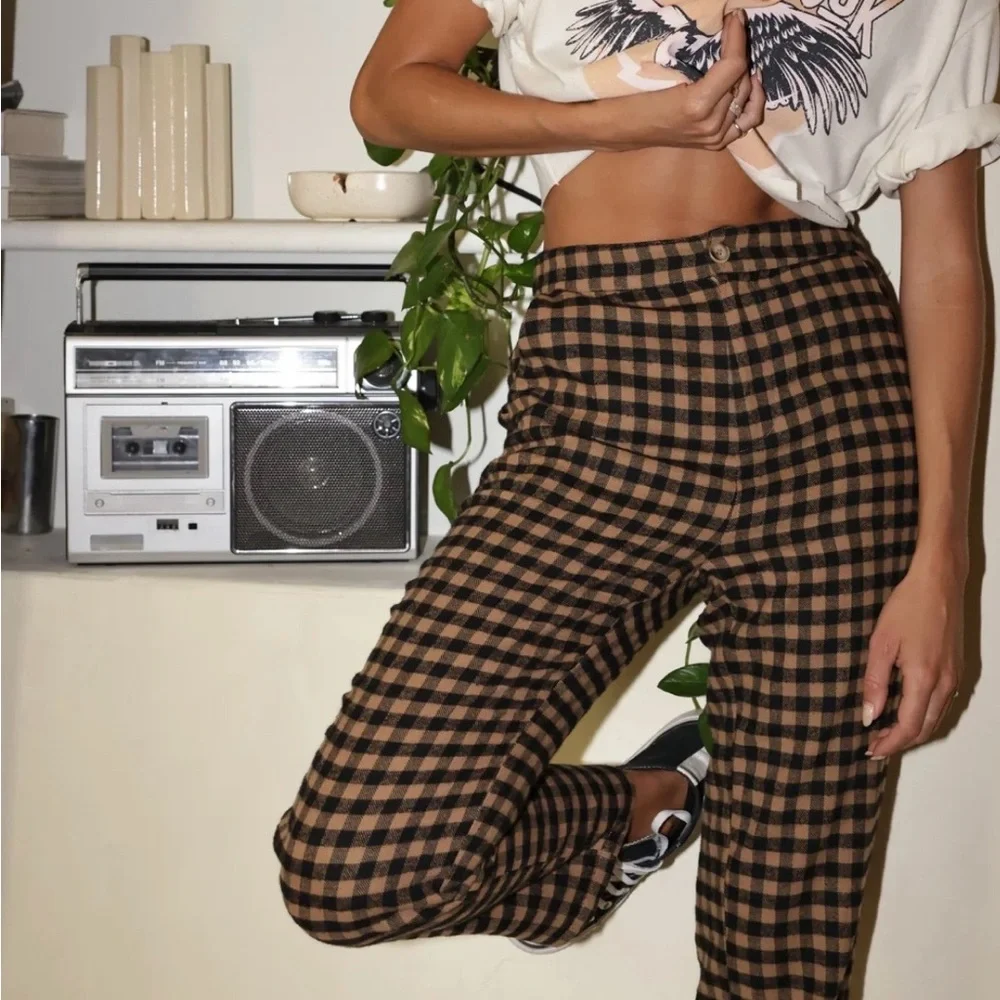 12th Tribe Black and Brown Checkered Cropped Pants - Picture 1 of 3
